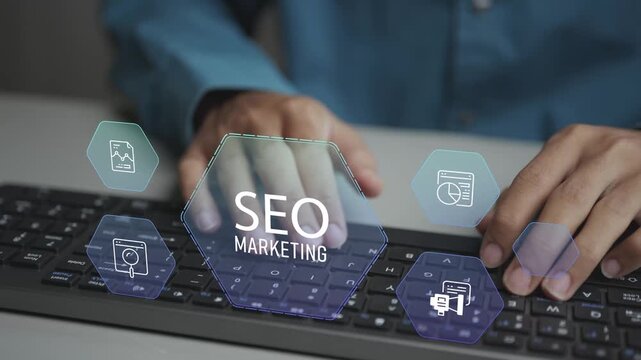 Digital SEO marketing strategy with virtual icons for search engines, analytics and performance metrics. Business professional monitoring rankings and website growth via an online platform.