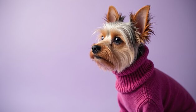 Small Yorkshire terrier dog wears magenta turtleneck sweater. Cute pet sits indoors, studio portrait. Dog has tan brown white fur, big dark eyes, attentive look.