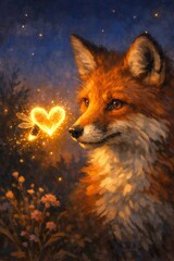 Fototapeta premium Atmospheric fantasy painting of a fox gazing at a glowing heart-shaped firefly in a twilight meadow, creating a dreamy romantic mood for prints, cards, and storytelling art.