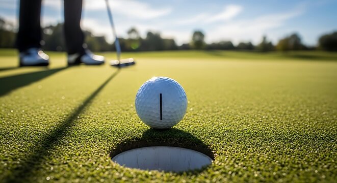 Golfer prepares to sink a white dimpled sphere on a meticulously maintained putting surface