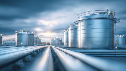 Obraz premium Oil Gas industry storage tanks with shiny metallic surfaces on blurred background 