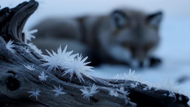 Hoarfrost Crystals on Wood and Blurred Fox Sleeping in Winter