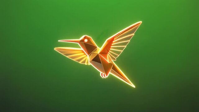 A golden geometric hummingbird with glowing wings flies against a green background