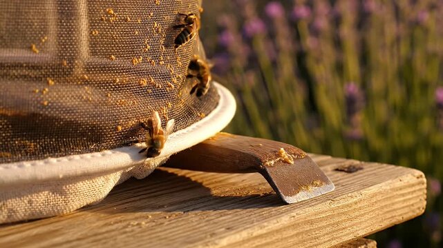 Honeybees Covered in Pollen Crawl on Beekeeper Veil at Golden Hour