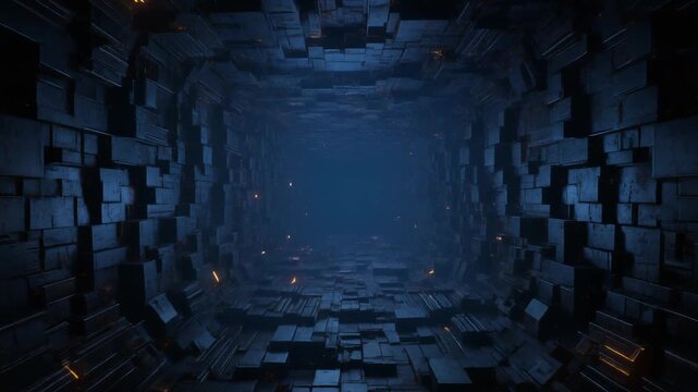 Abandoned Futuristic Metallic Tunnel with Eerie Glowing Lights and Staggered Stacked Blocks in Dim Lighting