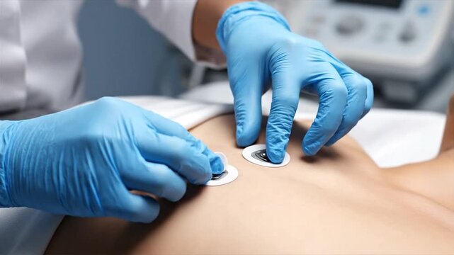 Medical professional with gloved hands attaching ecg electrode to patient's chest near a monitoring machine