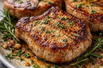 Closeup of golden grilled pork chops glistening with butter, garlic, and herbs in a rustic pan, perfect for restaurant advertising, cookbooks, or recipe blogs.