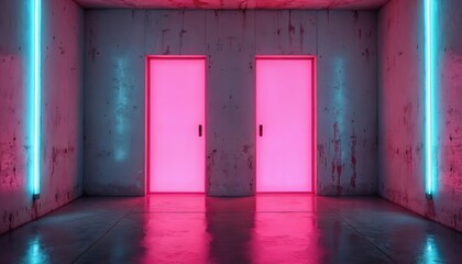 Obraz premium Two bright pink doors stand in a stark concrete room. Bright blue neon lights glow vertically along the walls. The floor reflects the vibrant colors, creating a futuristic and modern atmosphere.