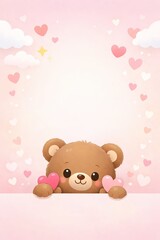 Fototapeta premium Adorable cartoon teddy bear peeks over a pastel surface holding pink hearts, surrounded by floating clouds and confetti hearts, perfect for sweet kid cards or love notes.