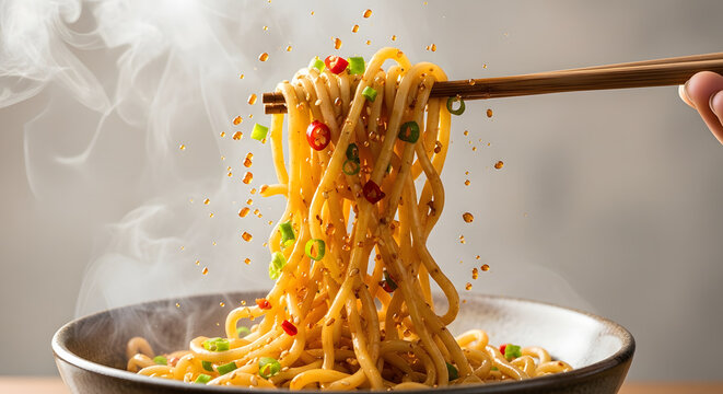 Steaming Hot Noodle Pull with Chopsticks and Fresh Herbs