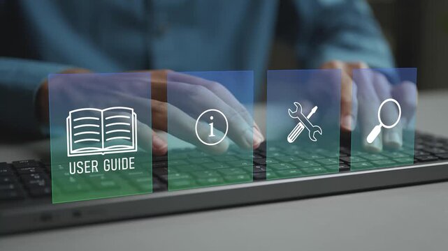 Digital user guide and help system with virtual icons for manuals, tips and navigation. Business professional accessing instructions and documentation via an online interface.