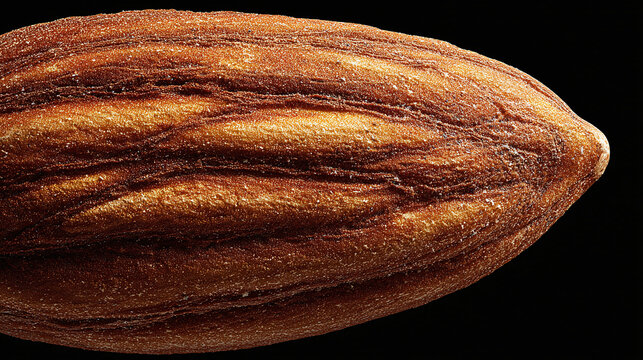 Close-up of a single almond nut against a dark background, revealing its detailed texture. A healthy snack option with a rich, nutty flavor