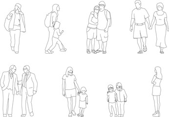 Comprehensive Minimal Line Drawing of Diverse Human Characters Performing Daily Routine Activities for Creative Design, City Illustration, and Social Lifestyle Concepts