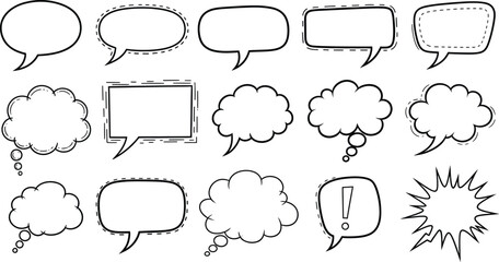 Fototapeta premium Hand-drawn speech and thought bubbles with a dashed outline, offering a unique and artistic communication style.