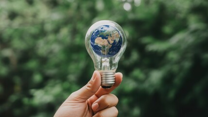Hand holding a light bulb with a mini earth inside
