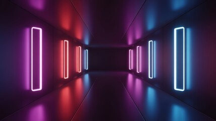 Neon lights in a dark room with reflections