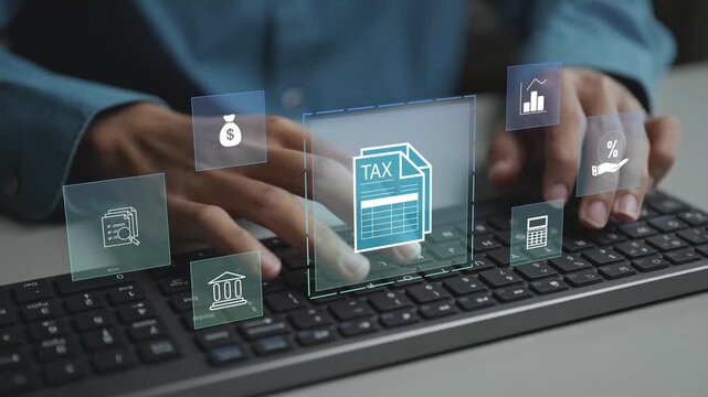 Digital tax document management with virtual icons for forms, calculation and compliance. Business professional organizing tax data and submissions via an online platform.