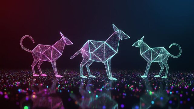Geometric glowing dogs stand on a reflective surface with sparkling light particles
