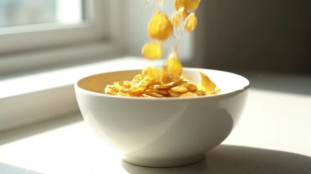 Golden cornflakes falling into a white bowl in warm morning sunlight. Healthy breakfast and fresh start concept with natural light, minimal kitchen setting, and clean lifestyle mood.