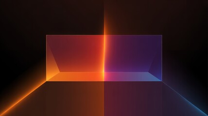 A glowing glass cube with refracted light beams in a dark room