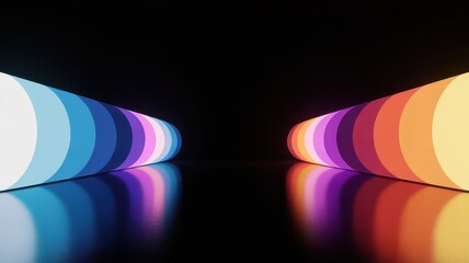 Vibrant led light installations reflected on a dark surface