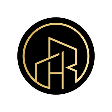 Elegant HR lettermark logo integrated into a property home outline. Gold and black line-style design ideal for real estate, recruitment, consulting, corporate, and luxury brand identity.