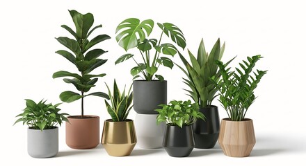 Fototapeta premium Collection of houseplants in ceramic and gold pots on white background