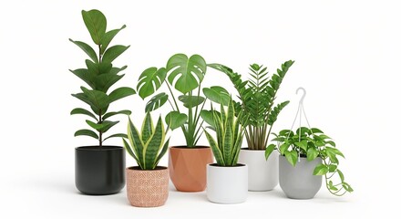 Fototapeta premium Collection of diverse potted houseplants a realistic 3D render with modern planters isolated on a white background for interior design projects