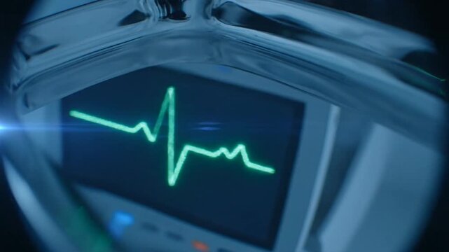 Close-up view of an ecg machine displaying a green heartbeat graph in a medical facility