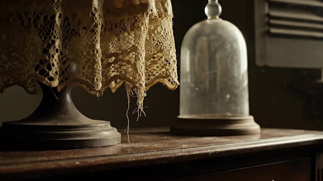 Old Tattered Lace on Mannequin Stand with Dusty Glass Cloche