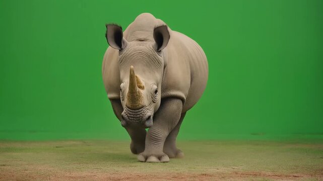 A white rhinoceros runs forward on a green screen