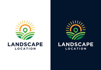 Farmland landscape logo. Farm collage logo, Farm food badge logo design with sun design graphic symbol with destination location point. vector icon.
