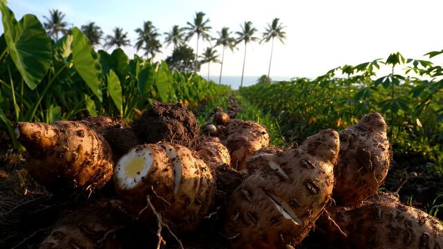 Fresh Harvested Taro Roots Pile in Tropical Field with Palm Trees