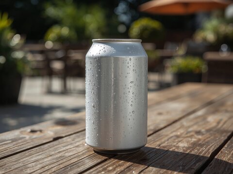 Refreshing Blank Silver Beverage Can with Condensation on Rustic Outdoor Wooden Table.