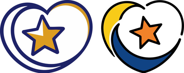 Obraz premium WebTwo stylized heart-shaped emblems featuring a central five-pointed star are presented side by side demonstrating light and dark mode variations for a brand identity concept.