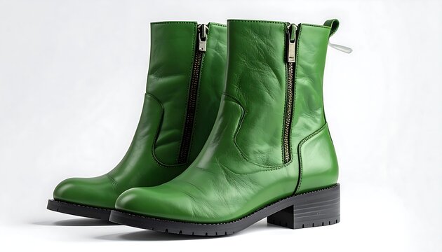 A pair of vibrant green leather mid-calf boots on a white background, featuring zippers and a low block heel