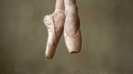 Close up of a ballerina's feet in worn pink pointe shoes showing tied ribbons and stretched arches