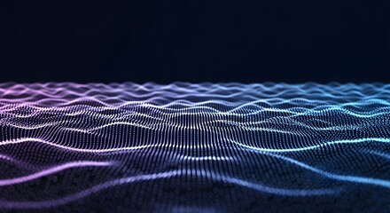 Vibrant digital landscape with glowing waves and particles