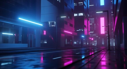 Neon lit cyberpunk city street at night