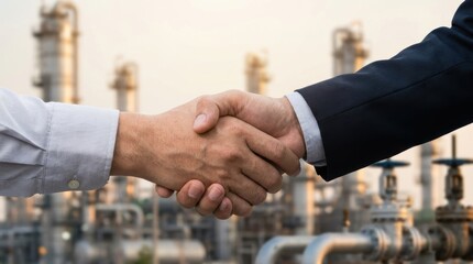 Close up of a business handshake between two professionals with an industrial refinery in the blurred background