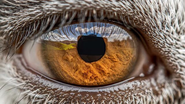 Amber eye extreme closeup reflecting nature landscape and sky