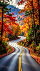 A winding road through a vibrant autumn forest landscape