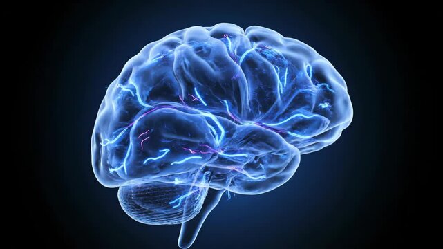 3D Human Brain Model with Glowing Neural Pathways and Synaptic Activity