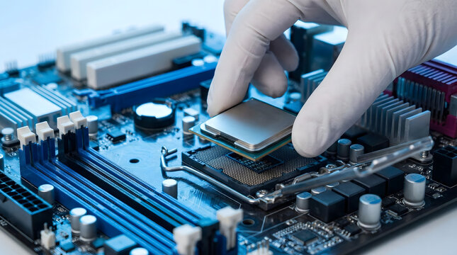 Close,up,of,computer,engineer,hand,installing,processor,chip,into,motherboard,pc,hardware,assembly,maintenance,technician,repair,service,microchip,semiconductor,technology,component.