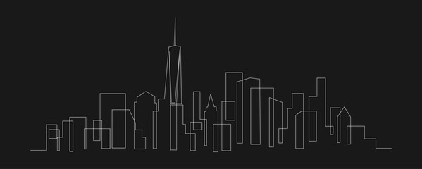 Continuous Line Drawing of Modern City Skyline Silhouette with Iconic Skyscraper on Black Background