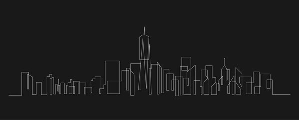 Continuous Line Drawing of Modern City Skyline Silhouette with Iconic Skyscraper on Black Background