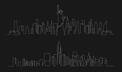 Fototapeta premium New York City Skyline Continuous Line Art Drawing with Statue of Liberty and One World Trade Center
