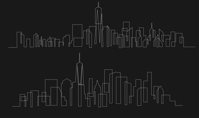 Continuous Line Drawing of Modern City Skyline Silhouette with Iconic Skyscraper on Black Background