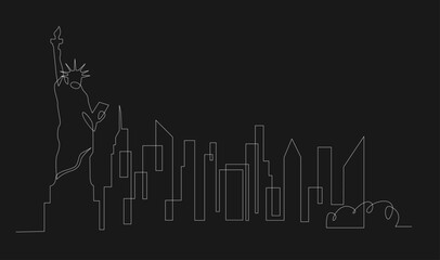 Continuous Line Drawing of Modern City Skyline Silhouette with Iconic Skyscraper on Black Background