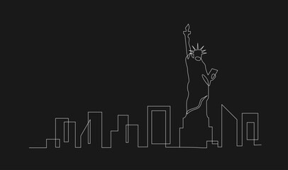 Continuous Line Drawing of Modern City Skyline Silhouette with Iconic Skyscraper on Black Background